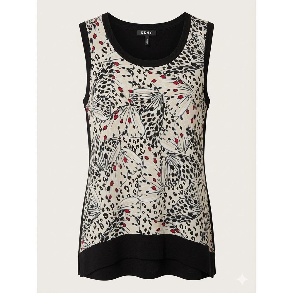 DKNY Butterfly Moth Wing Print Sleeveless Tank Top Womens L Black Cotton Cottage